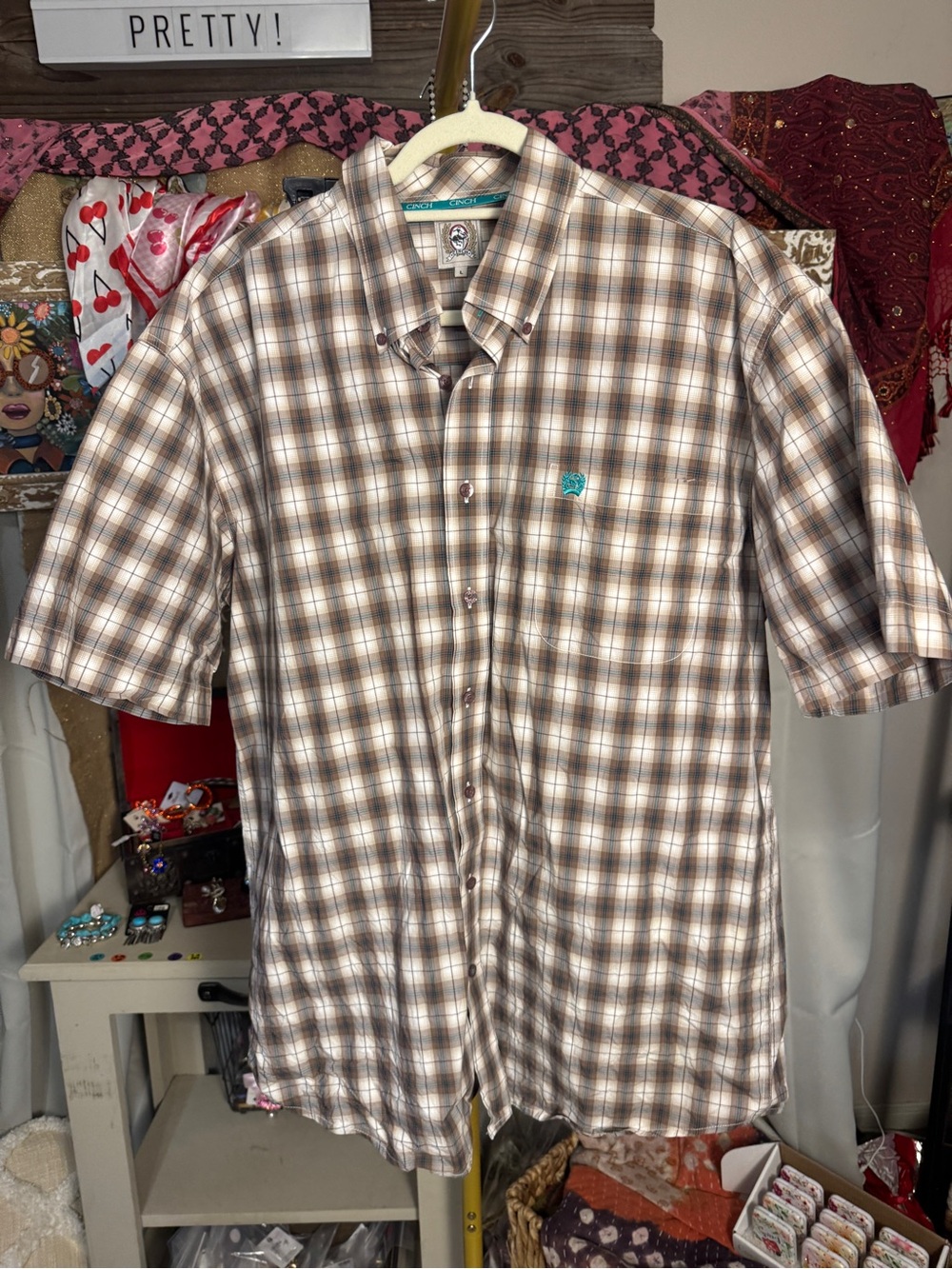 Cinch Brown and Cream Plaid Short-Sleeve Button-Down Shirt